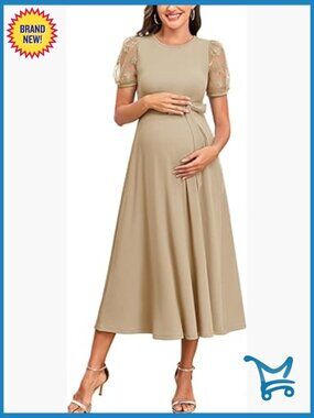 Elegant 3D Floral Mesh Sleeve Maternity Dress Midi A-Line Belted Baby Shower